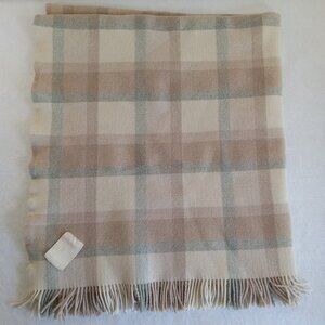 Patrician Linens Merino Wool Blanket Throw Plaid Fringe 64x56 Beige Blue Tan